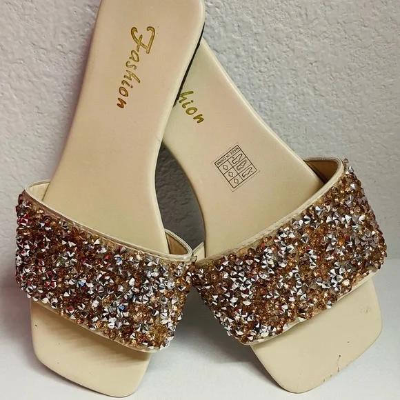 Women's Cream and Gold Embellished Slides - Picture 2 of 4